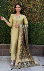 Lorenvalley Fashion Pista Roman Silk Hand Work Kurta Pant with Dupatta | Grocsy