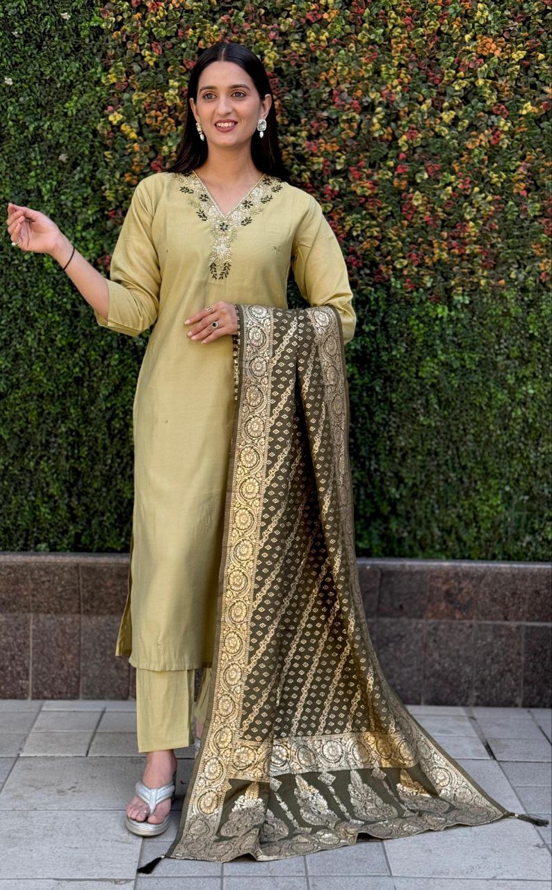 Lorenvalley Fashion Pista Roman Silk Hand Work Kurta Pant with Dupatta | Grocsy