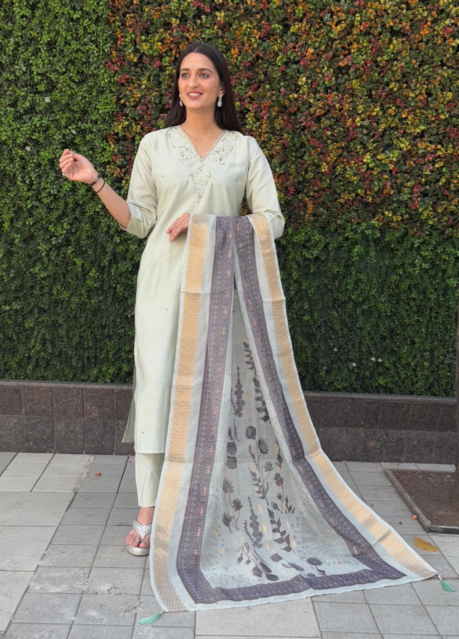 Lorenvalley Fashion Pista Roman Silk Hand Work Kurta Pant with Dupatta | Grocsy