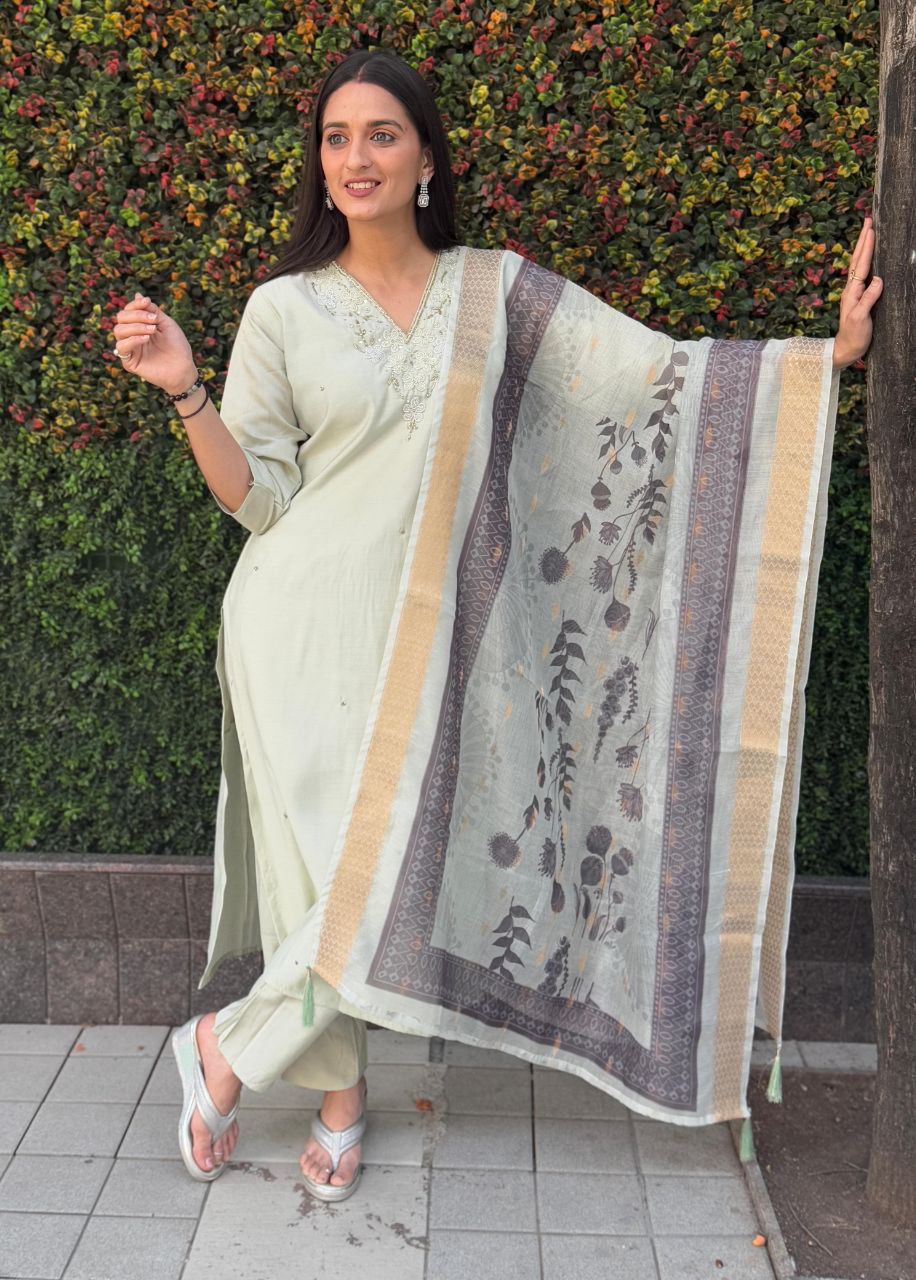 Lorenvalley Fashion Pista Roman Silk Hand Work Kurta Pant with Dupatta | Grocsy