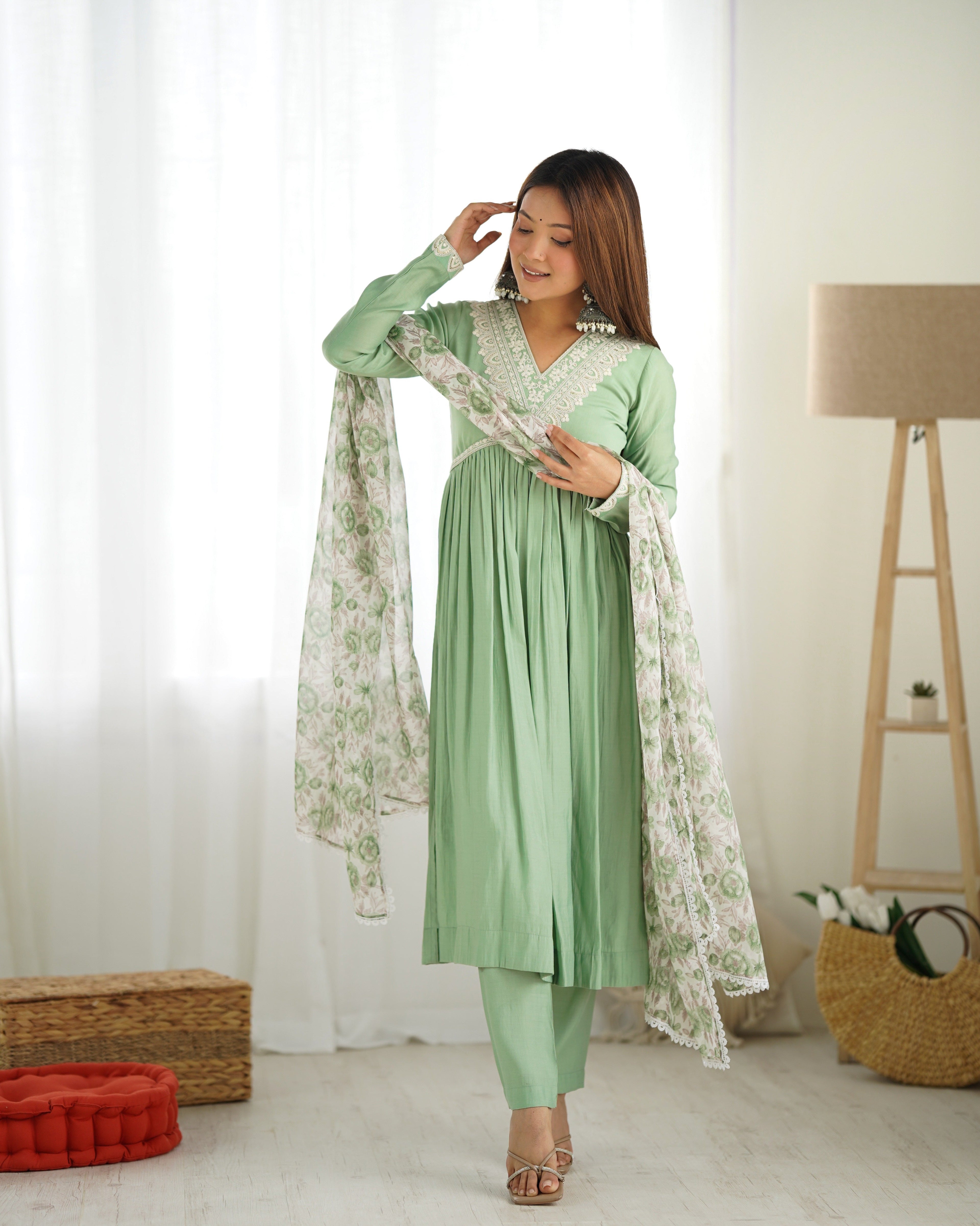 Lorenvalley Pista Roman Silk Chanderi Fabric Fit Nyra Cut Kurta Pant With Dupatta Set | Grocsy