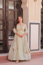 Lorenvalley Fashion Pista Star Georgette with Beads & Sequins Multi Embroidered work Anarkali Gown with Dupatta | Grocsy