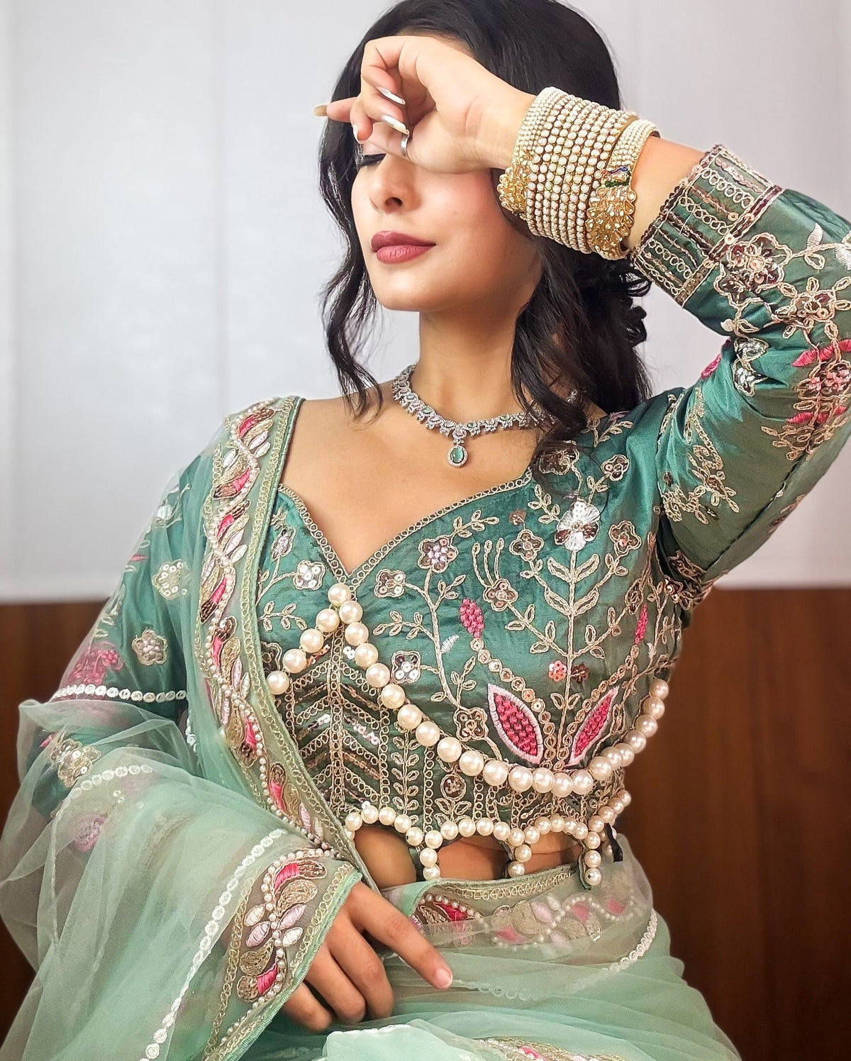 Evanik Pista Net Embroidery work Saree with Moti Hand work Blouse | Grocsy