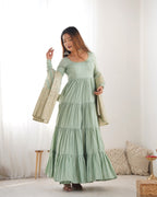 Lorenvalley Women Pure Roman silk Chanderi Fabric Layer Gathering Anarkali Kurta Pant With Dupatta Set | Grocsy