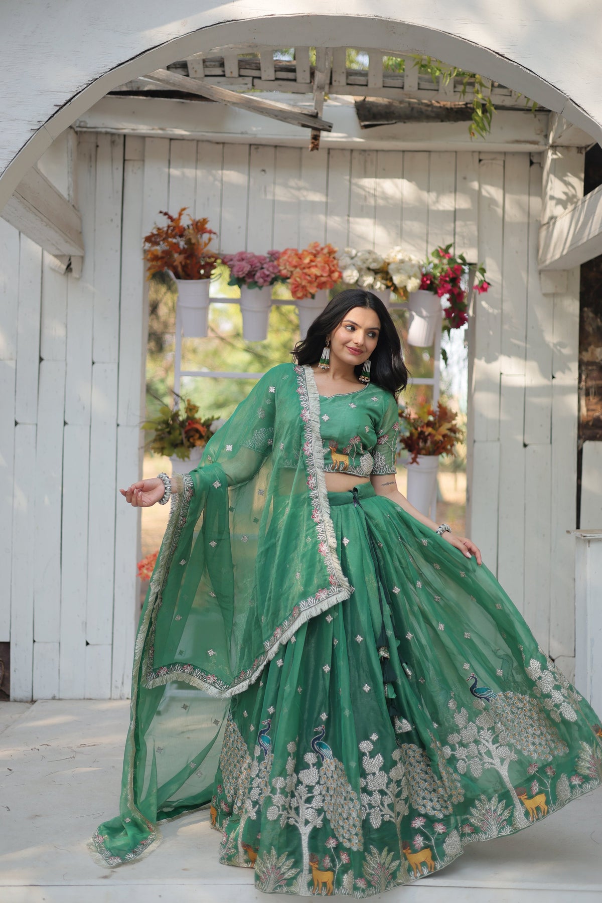 Lorenvalley Pista Gold Coin Fabric with Sequins and Thread Embroidered work Lehenga Choli with Dupatta | Grocsy