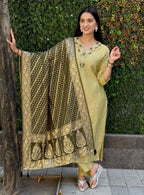 Lorenvalley Fashion Pista Roman Silk Hand Work Kurta Pant with Dupatta | Grocsy