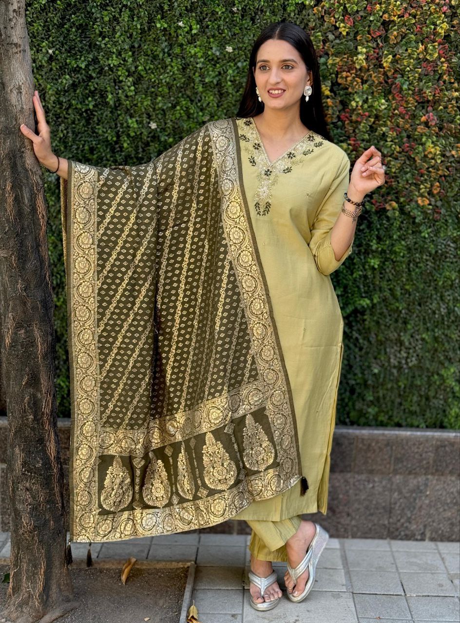 Lorenvalley Fashion Pista Roman Silk Hand Work Kurta Pant with Dupatta | Grocsy