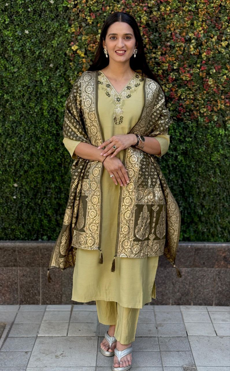 Lorenvalley Fashion Pista Roman Silk Hand Work Kurta Pant with Dupatta | Grocsy