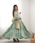 Lorenvalley Women Pure Roman silk Chanderi Fabric Layer Gathering Anarkali Kurta Pant With Dupatta Set | Grocsy