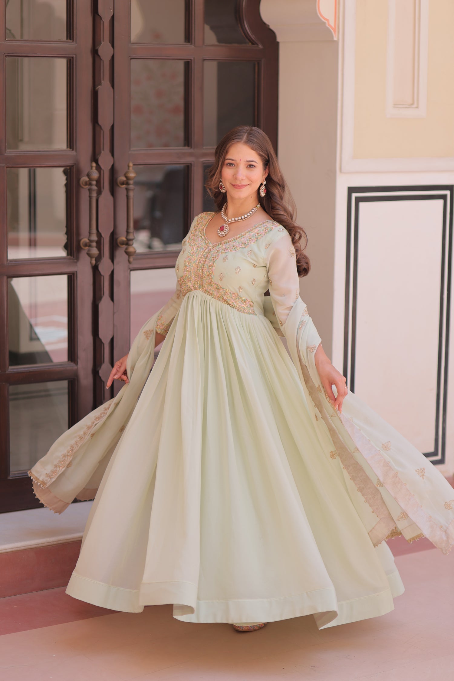 Lorenvalley Fashion Pista Star Georgette with Beads & Sequins Multi Embroidered work Anarkali Gown with Dupatta | Grocsy