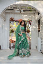 Lorenvalley Pista Gold Coin Fabric with Sequins and Thread Embroidered work Lehenga Choli with Dupatta | Grocsy