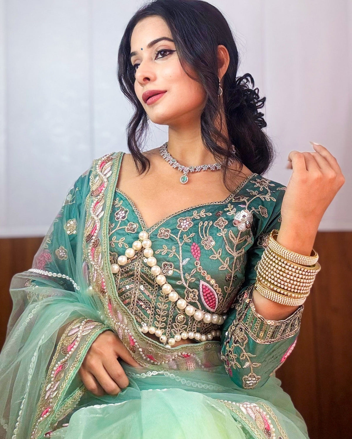 Evanik Pista Net Embroidery work Saree with Moti Hand work Blouse | Grocsy