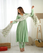 Lorenvalley Pista Roman Silk Chanderi Fabric Fit Nyra Cut Kurta Pant With Dupatta Set | Grocsy