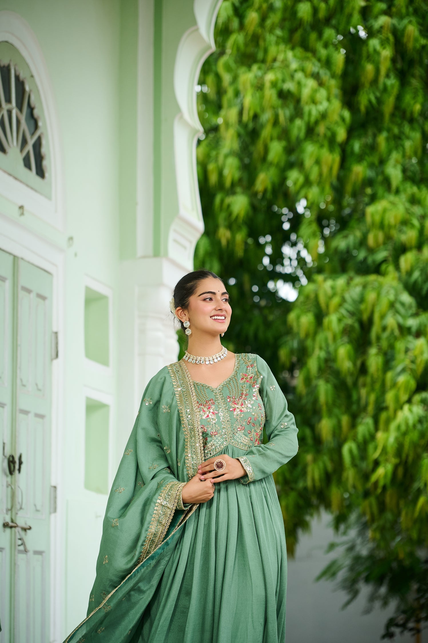 Lorenvalley Fashion Pista Vichitra Silk with Embroidered Zari & Thread work Anarkali Gown with Dupatta | Grocsy