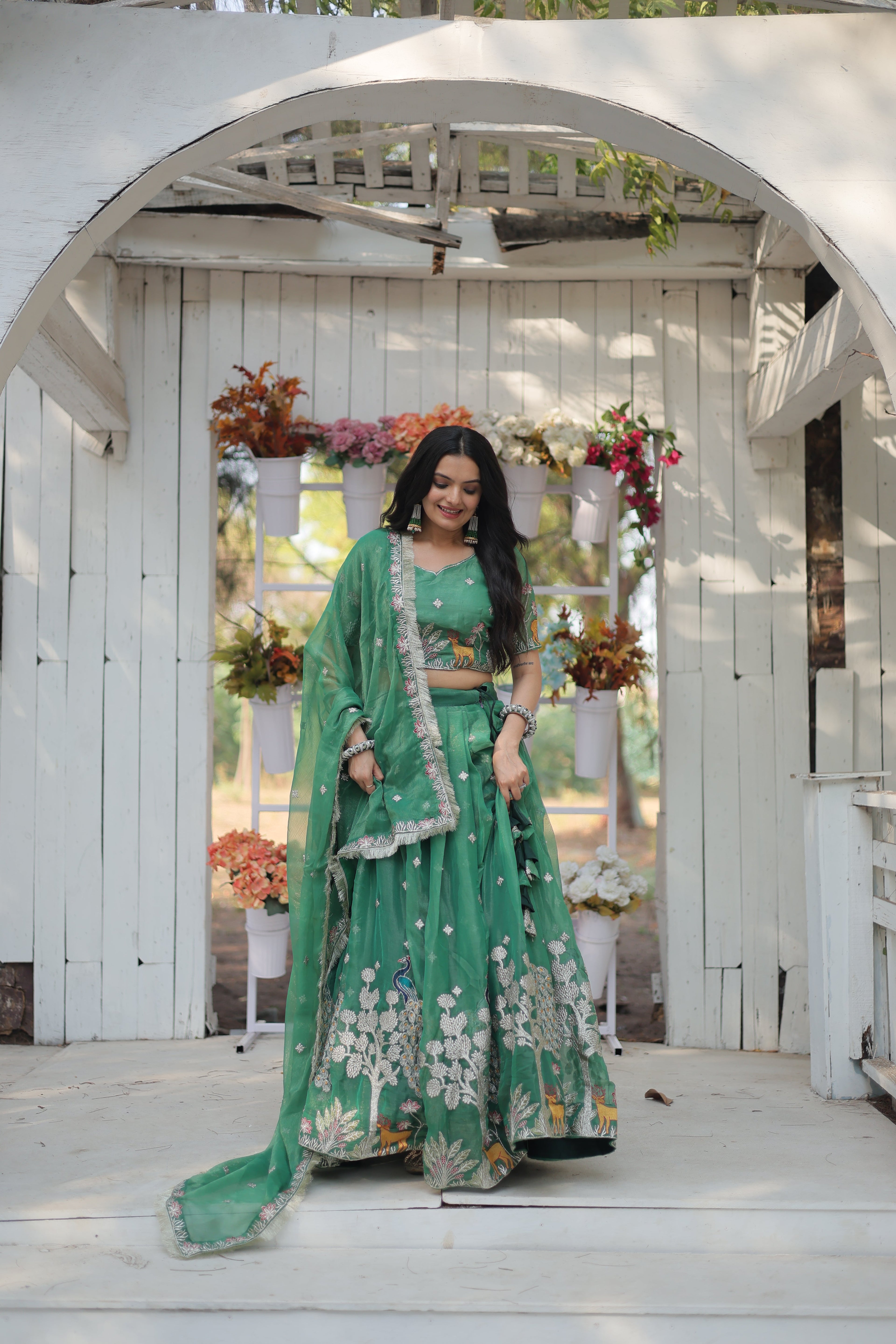 Lorenvalley Pista Gold Coin Fabric with Sequins and Thread Embroidered work Lehenga Choli with Dupatta | Grocsy