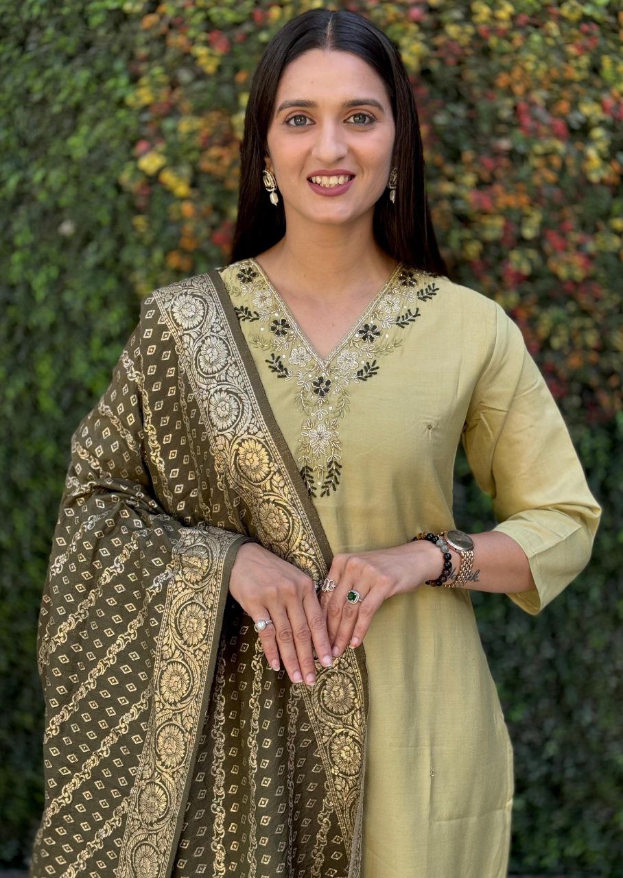 Lorenvalley Fashion Pista Roman Silk Hand Work Kurta Pant with Dupatta | Grocsy