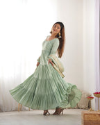 Lorenvalley Women Pure Roman silk Chanderi Fabric Layer Gathering Anarkali Kurta Pant With Dupatta Set | Grocsy