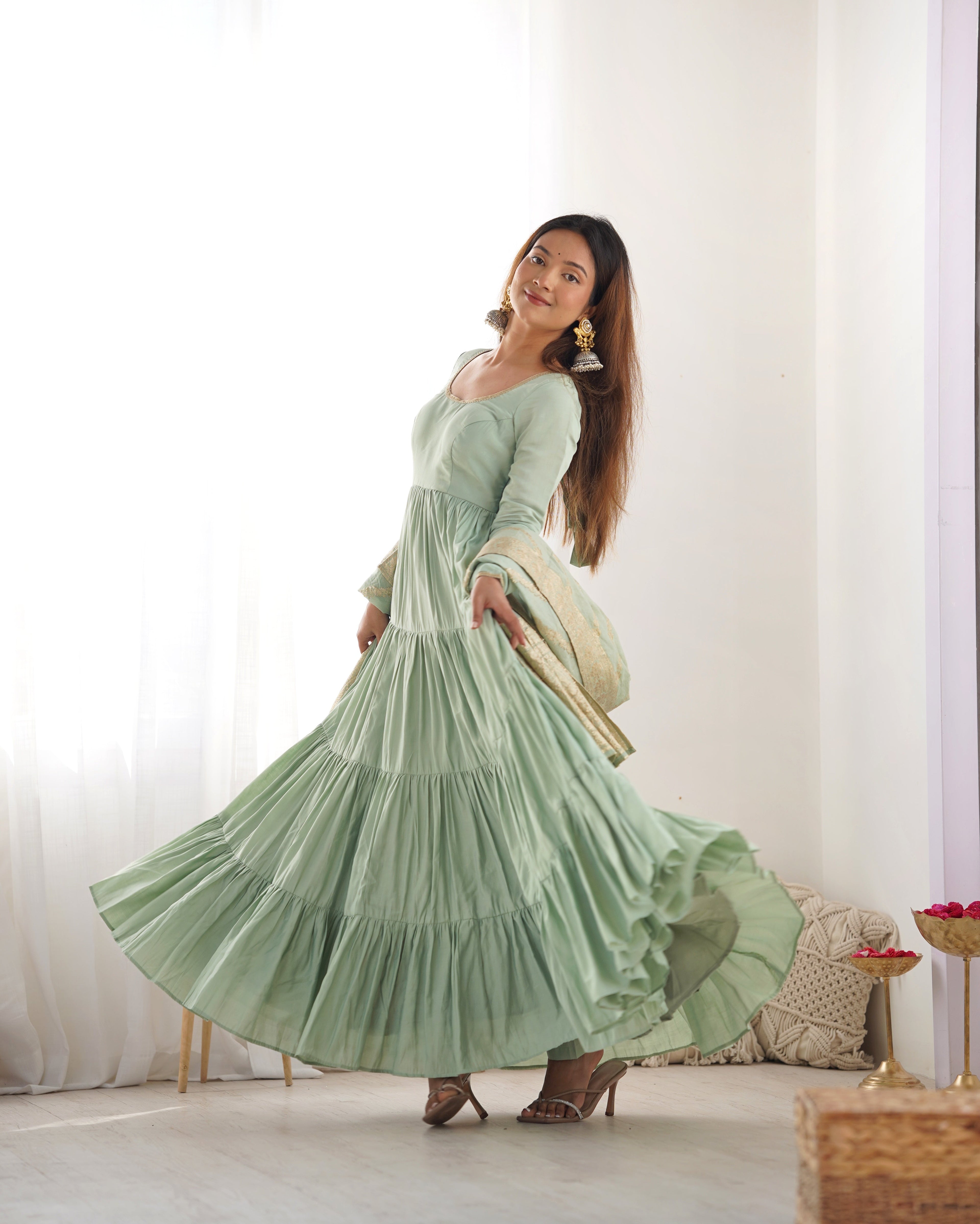 Lorenvalley Women Pure Roman silk Chanderi Fabric Layer Gathering Anarkali Kurta Pant With Dupatta Set | Grocsy