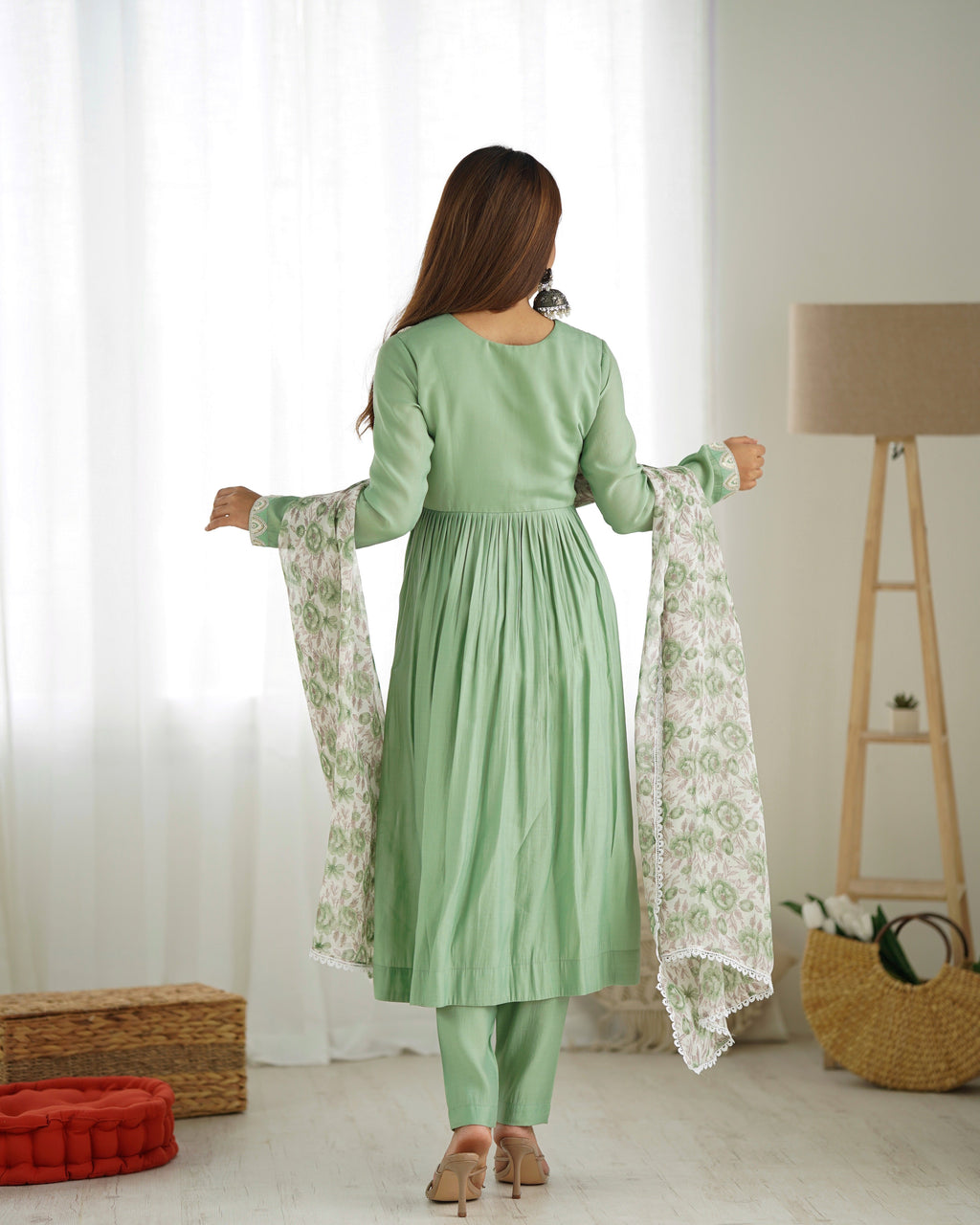Lorenvalley Pista Roman Silk Chanderi Fabric Fit Nyra Cut Kurta Pant With Dupatta Set | Grocsy