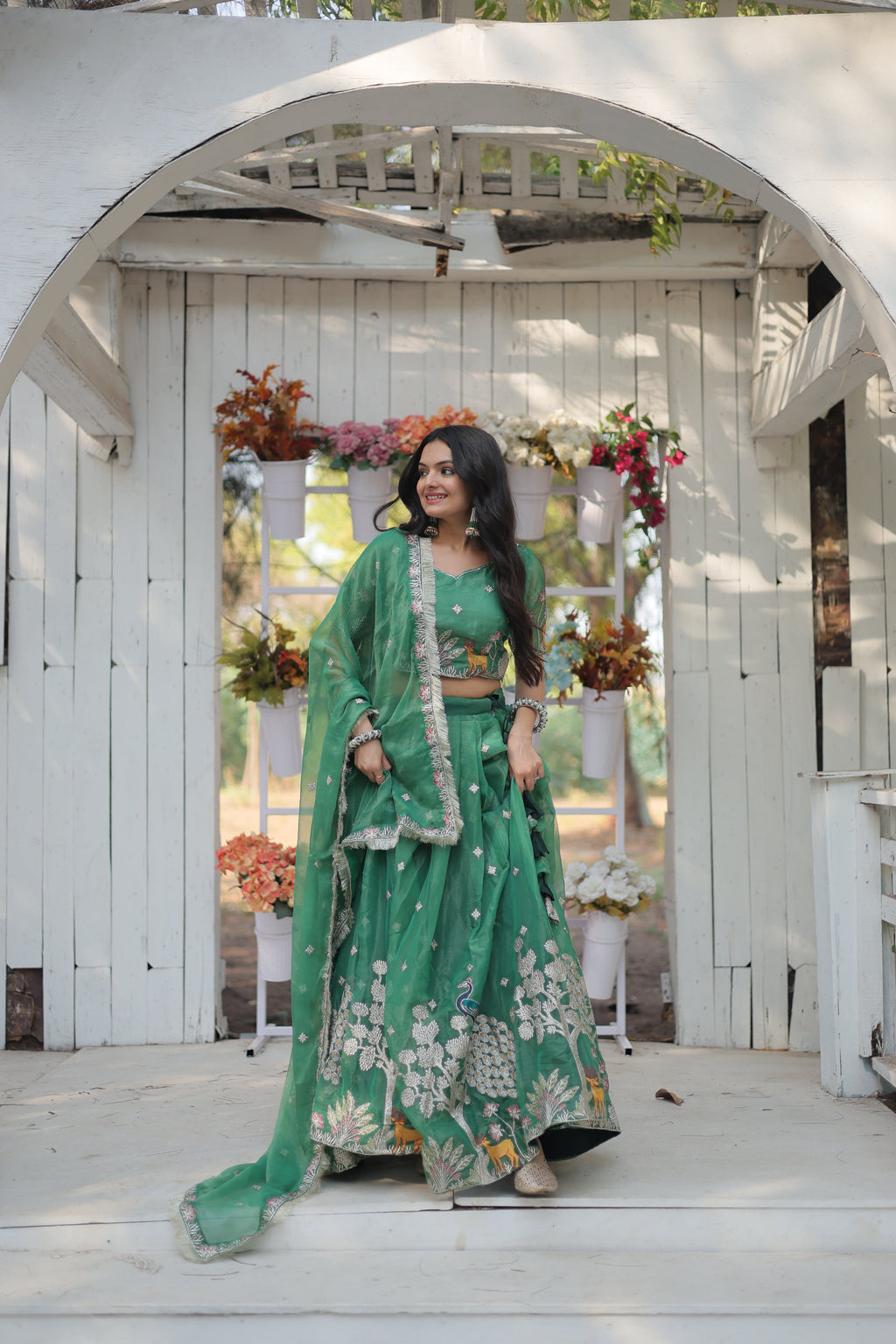 Lorenvalley Pista Gold Coin Fabric with Sequins and Thread Embroidered work Lehenga Choli with Dupatta | Grocsy