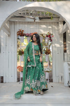 Lorenvalley Pista Gold Coin Fabric with Sequins and Thread Embroidered work Lehenga Choli with Dupatta | Grocsy