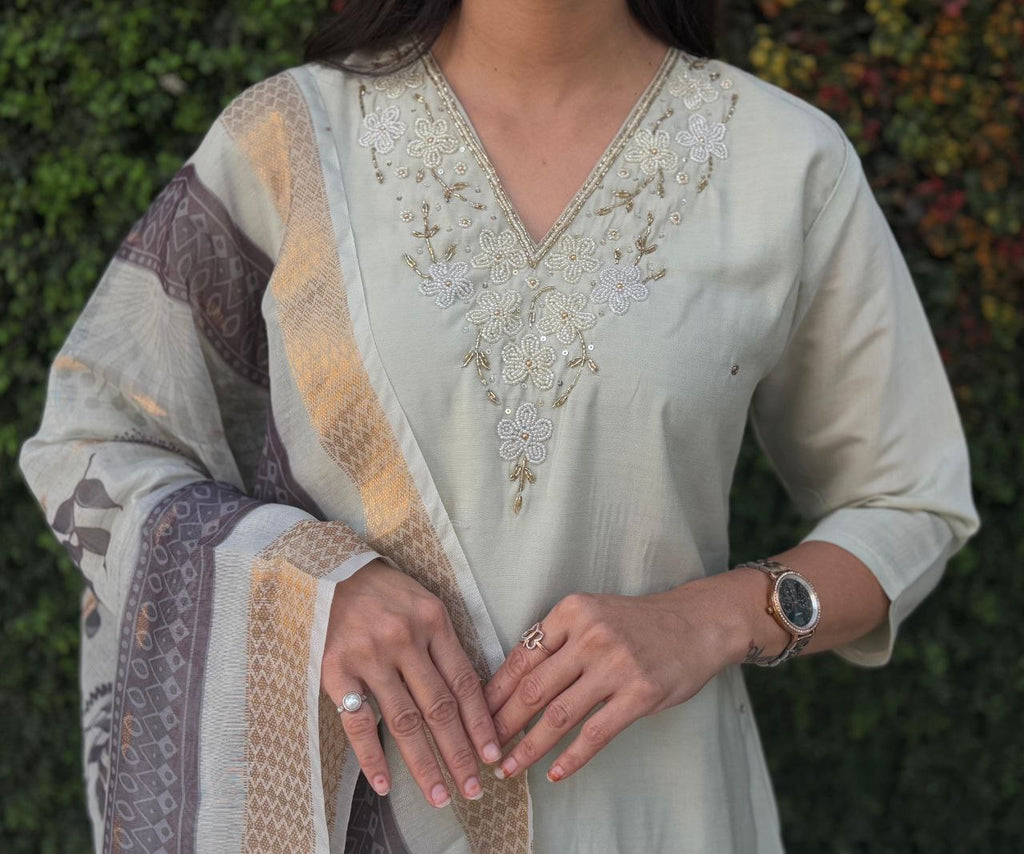 Lorenvalley Fashion Pista Roman Silk Hand Work Kurta Pant with Dupatta | Grocsy