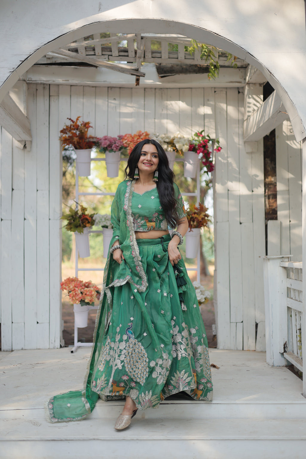 Lorenvalley Pista Gold Coin Fabric with Sequins and Thread Embroidered work Lehenga Choli with Dupatta | Grocsy
