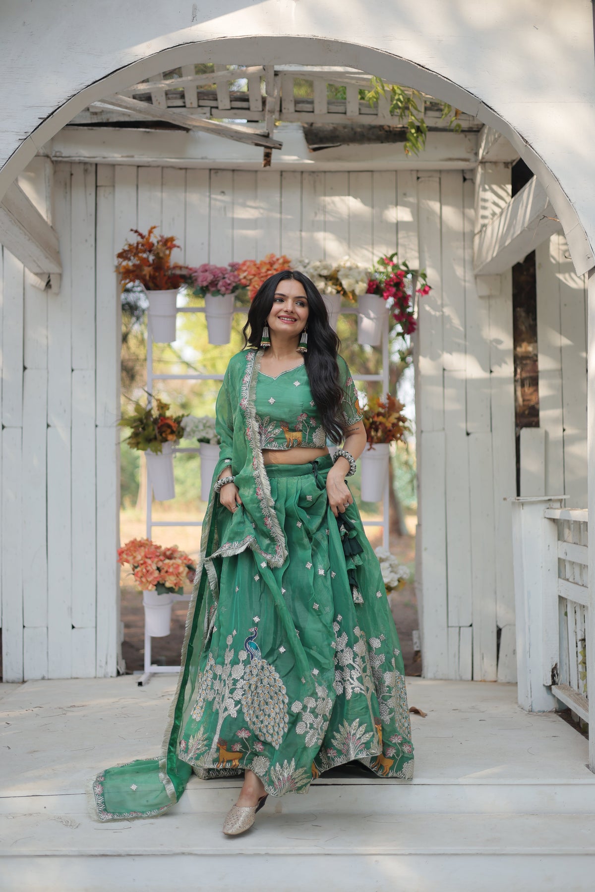 Lorenvalley Pista Gold Coin Fabric with Sequins and Thread Embroidered work Lehenga Choli with Dupatta | Grocsy