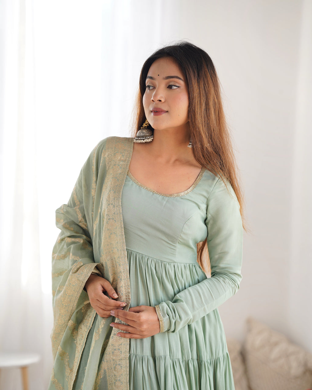 Lorenvalley Women Pure Roman silk Chanderi Fabric Layer Gathering Anarkali Kurta Pant With Dupatta Set | Grocsy