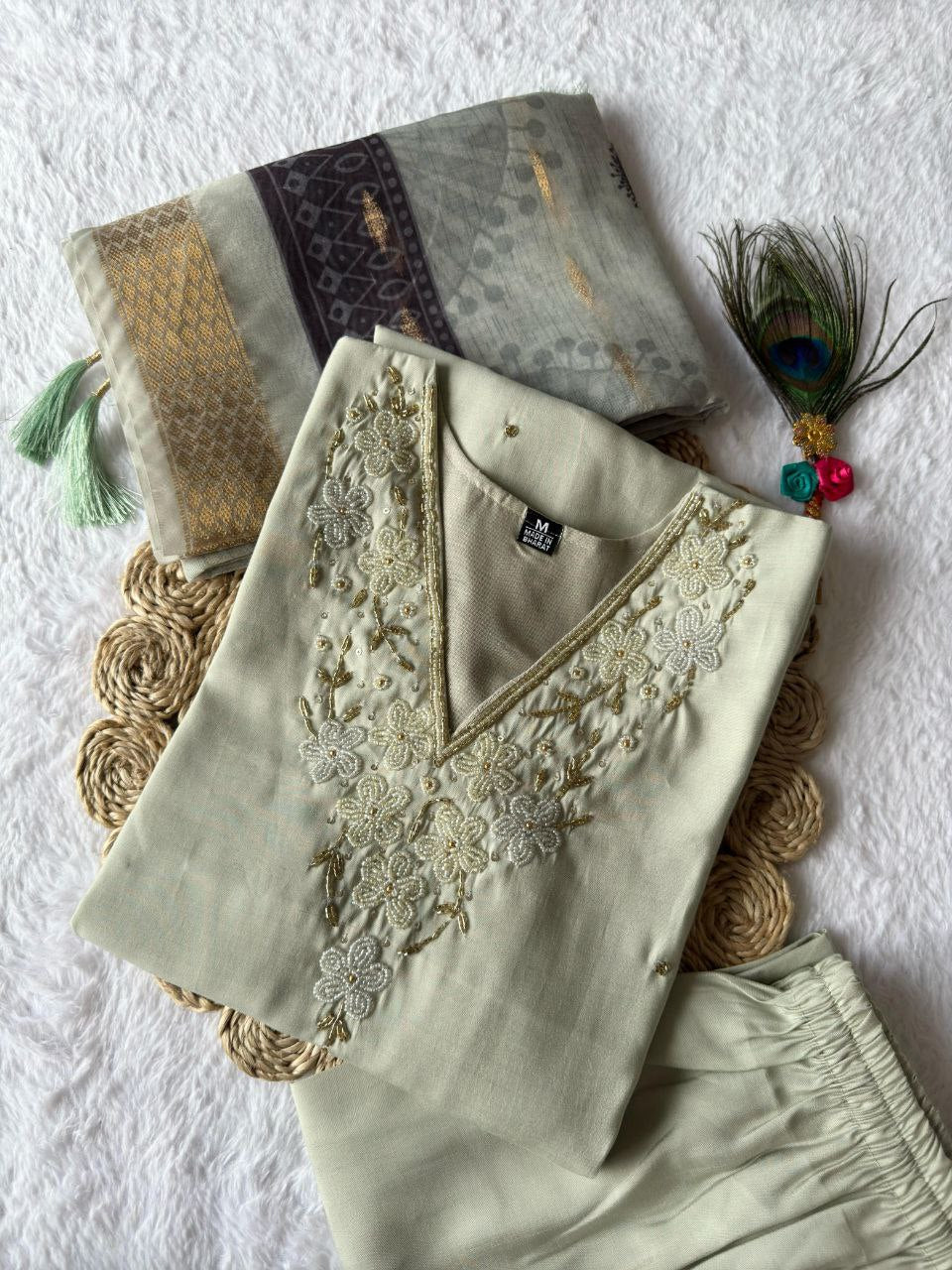 Lorenvalley Fashion Pista Roman Silk Hand Work Kurta Pant with Dupatta | Grocsy