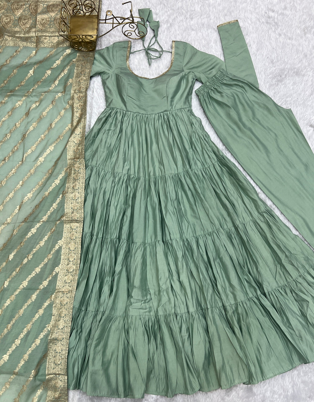 Lorenvalley Women Pure Roman silk Chanderi Fabric Layer Gathering Anarkali Kurta Pant With Dupatta Set | Grocsy