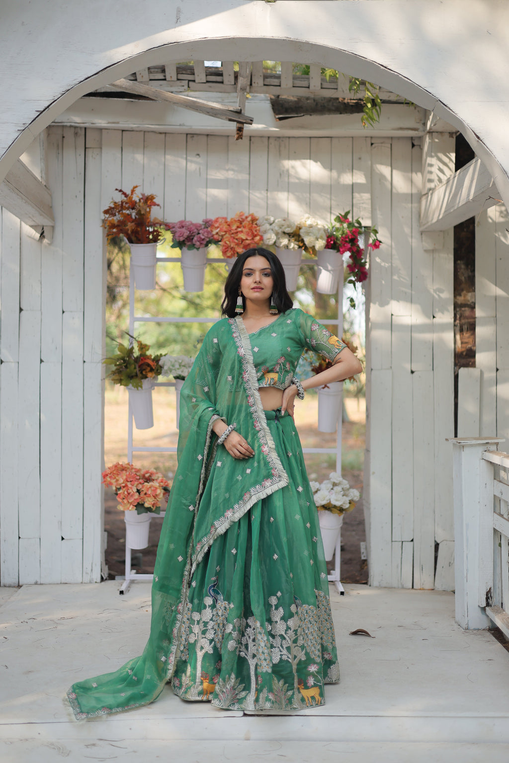 Lorenvalley Pista Gold Coin Fabric with Sequins and Thread Embroidered work Lehenga Choli with Dupatta | Grocsy