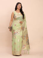 Anaita Rama Linen Woven Work Saree With Blouse | Grocsy
