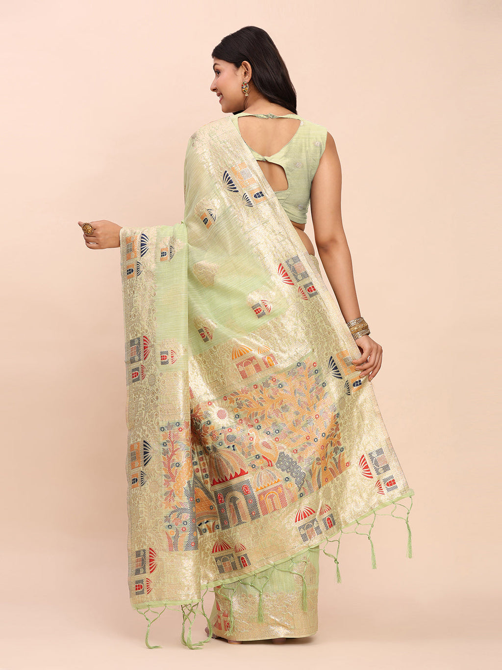 Anaita Rama Linen Woven Work Saree With Blouse | Grocsy