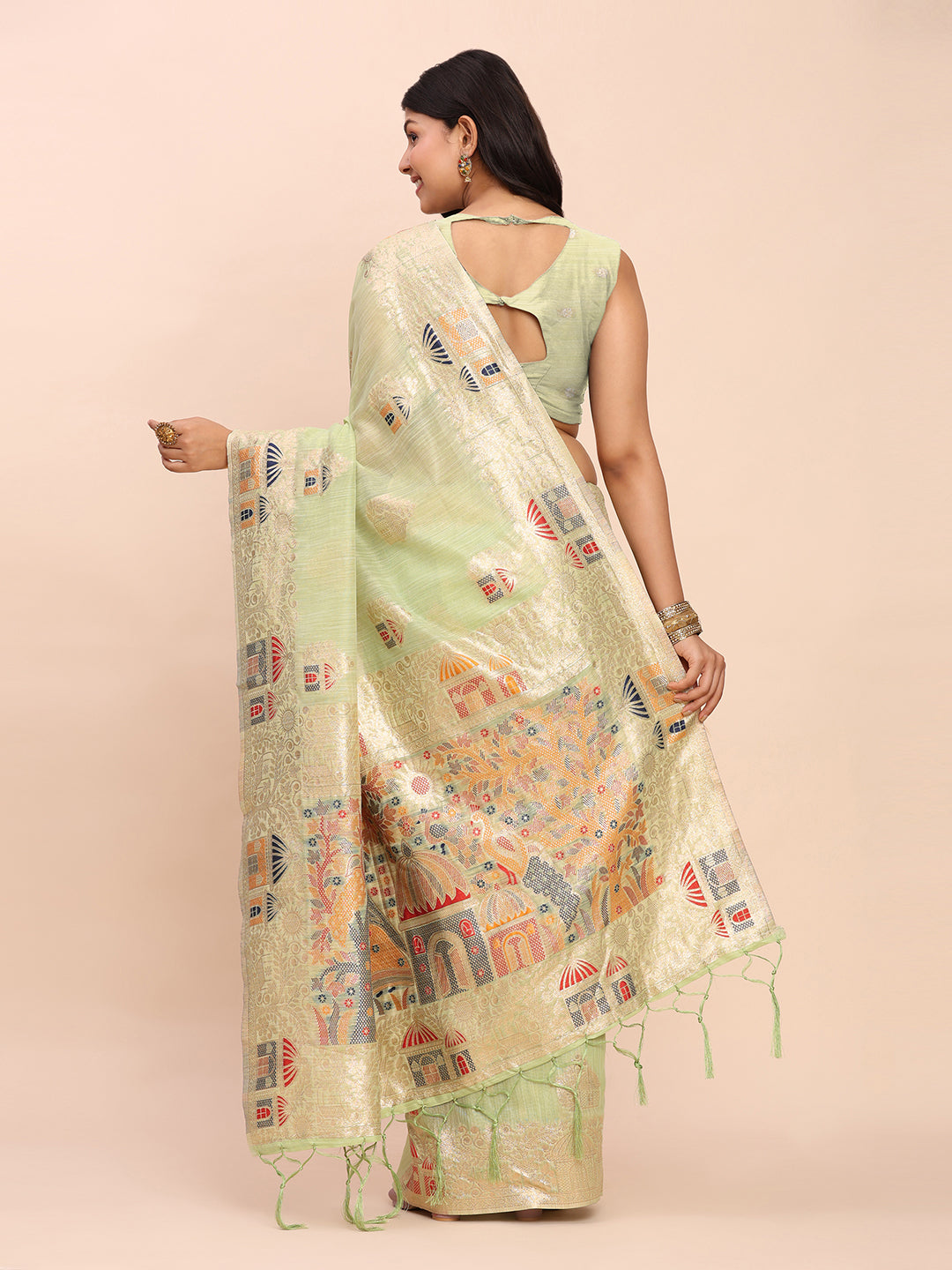 Anaita Rama Linen Woven Work Saree With Blouse | Grocsy
