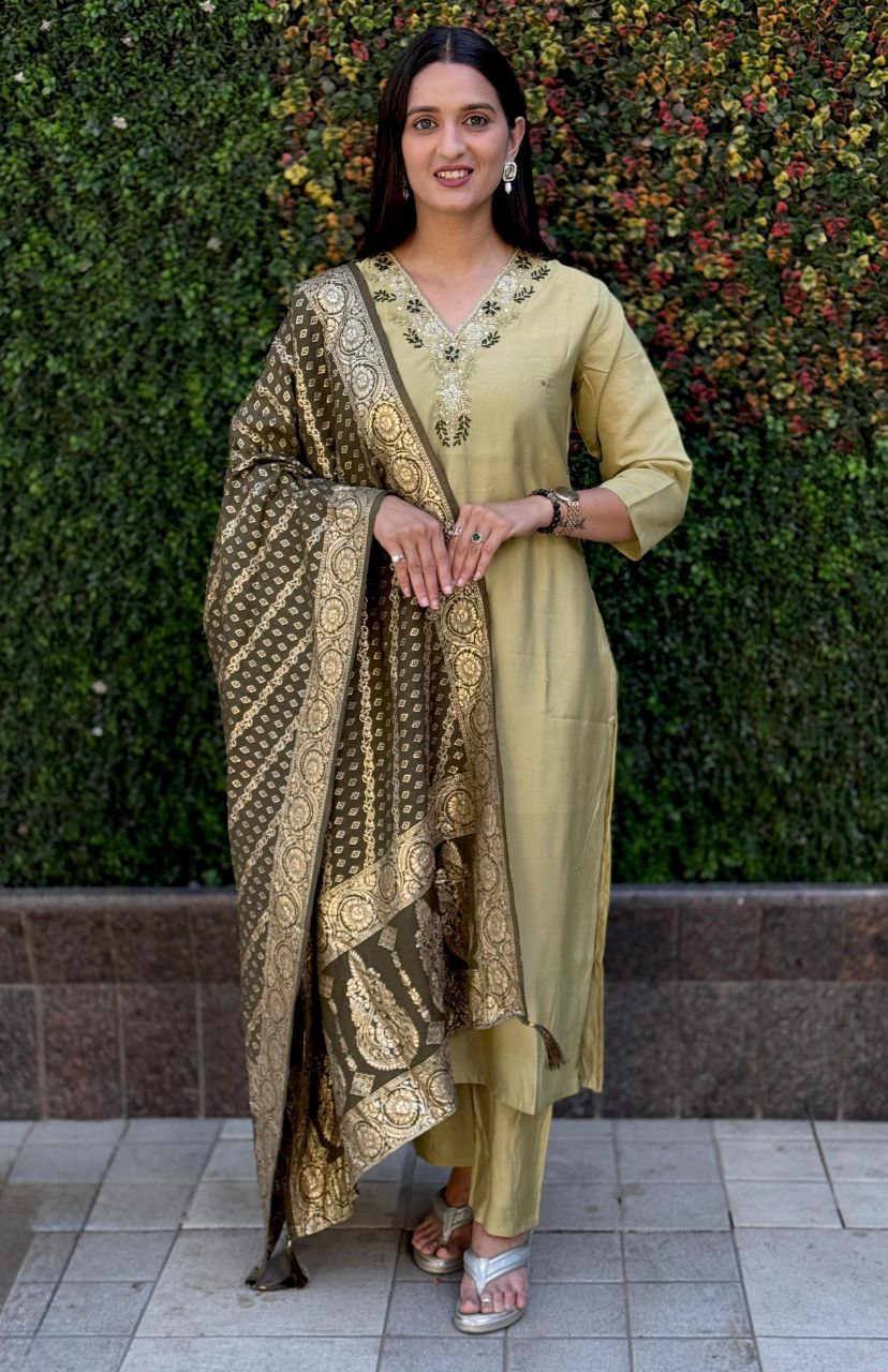 Lorenvalley Fashion Pista Roman Silk Hand Work Kurta Pant with Dupatta | Grocsy