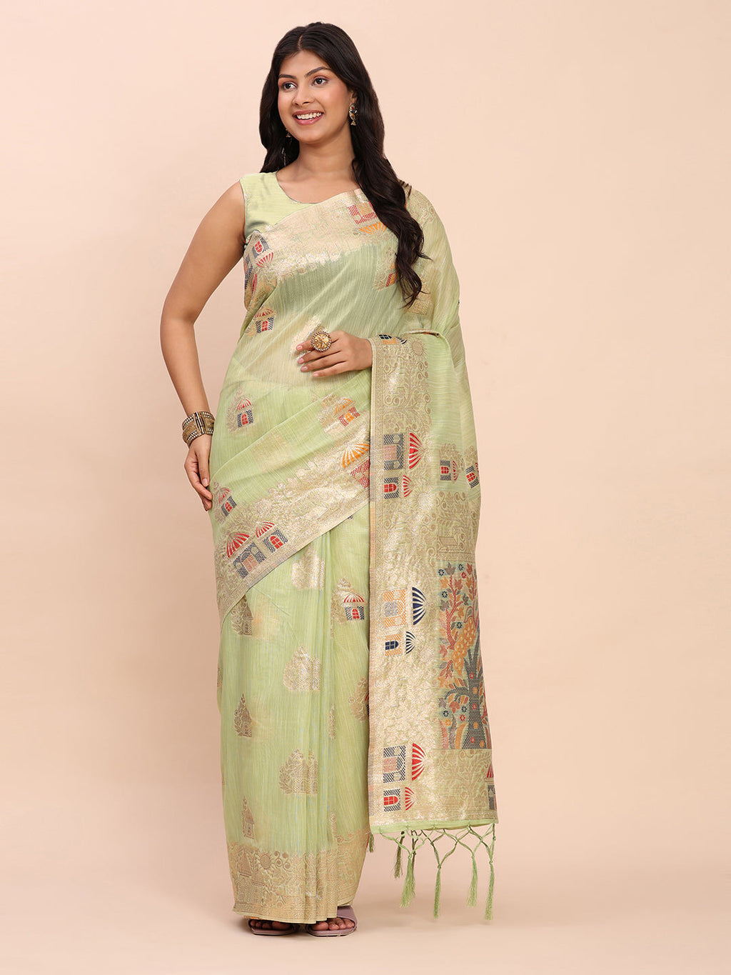 Anaita Rama Linen Woven Work Saree With Blouse | Grocsy