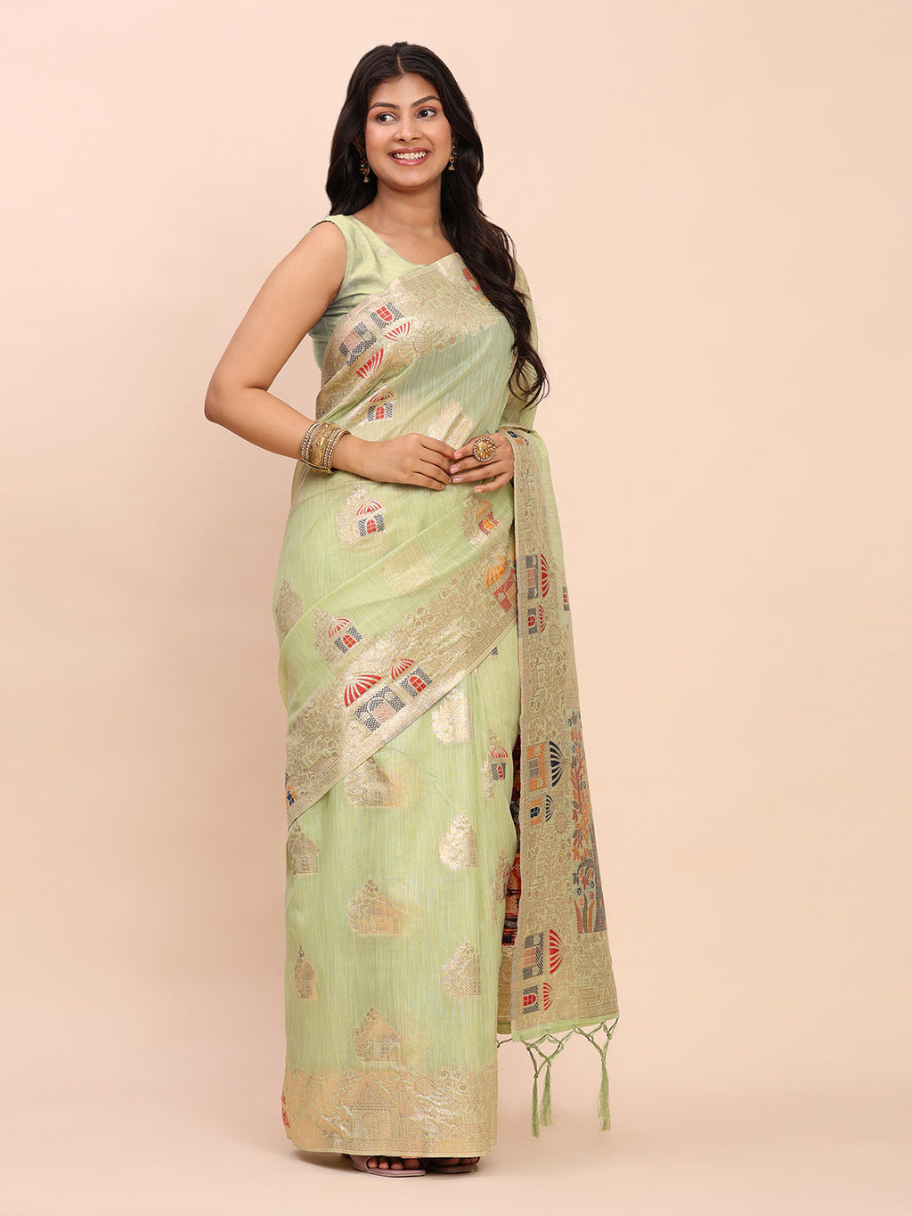 Anaita Rama Linen Woven Work Saree With Blouse | Grocsy