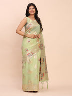 Anaita Rama Linen Woven Work Saree With Blouse | Grocsy