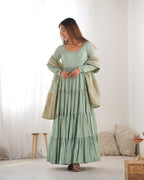 Lorenvalley Women Pure Roman silk Chanderi Fabric Layer Gathering Anarkali Kurta Pant With Dupatta Set | Grocsy