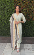 Lorenvalley Fashion Pista Roman Silk Hand Work Kurta Pant with Dupatta | Grocsy