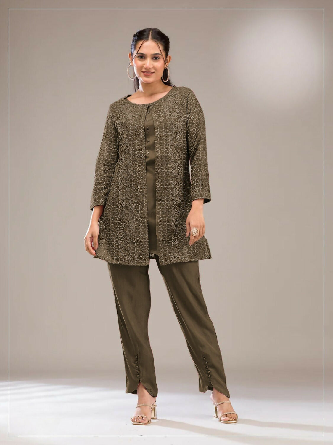 Anaita Mehendi Faux Georgette Readymade 2 Piece Set with Embroidery Work | Grocsy