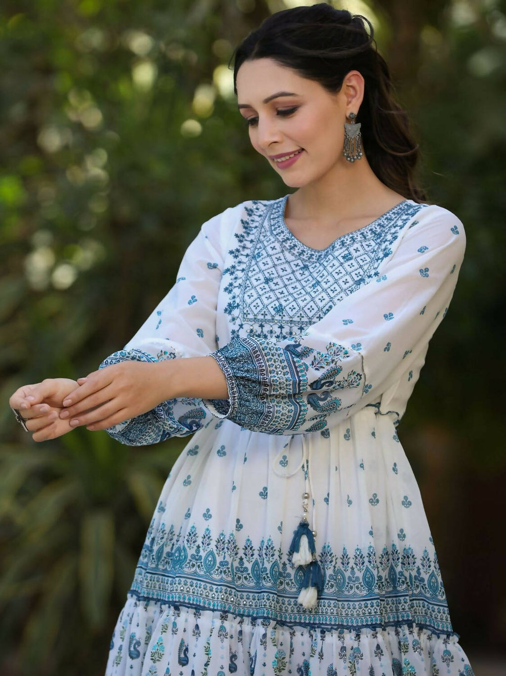 Juniper Women Off-White Georgette Printed Short Tiered Dress with Embroidered Yoke | Grocsy