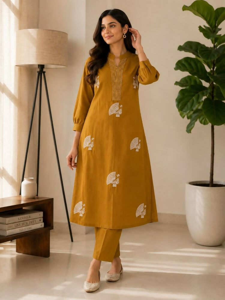 Teeya Creation Women Mustard Cotton Printed Kurta with Trousers Co-ord Set | Grocsy