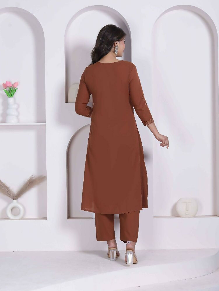 Miravan Womens Brown Floral Printed Angrakha Style Kurta With Palazzo | Grocsy