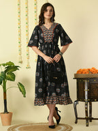 Myshka Women's Black Printed Cotton Party Dress | Grocsy