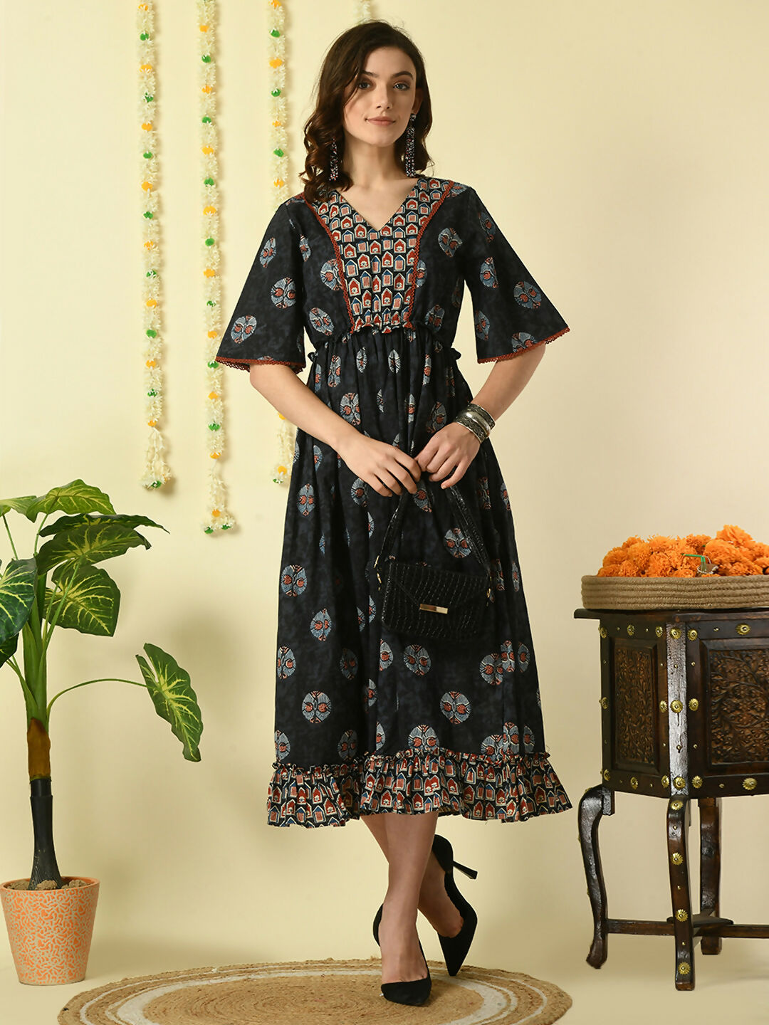Myshka Women's Black Printed Cotton Party Dress | Grocsy