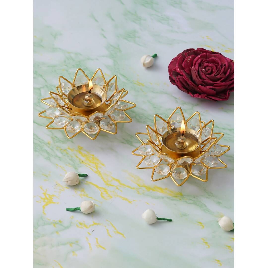 eCraftIndia Gold-Toned & White 2 Pieces Crystal Lotus Shape Brass Diyas | Grocsy