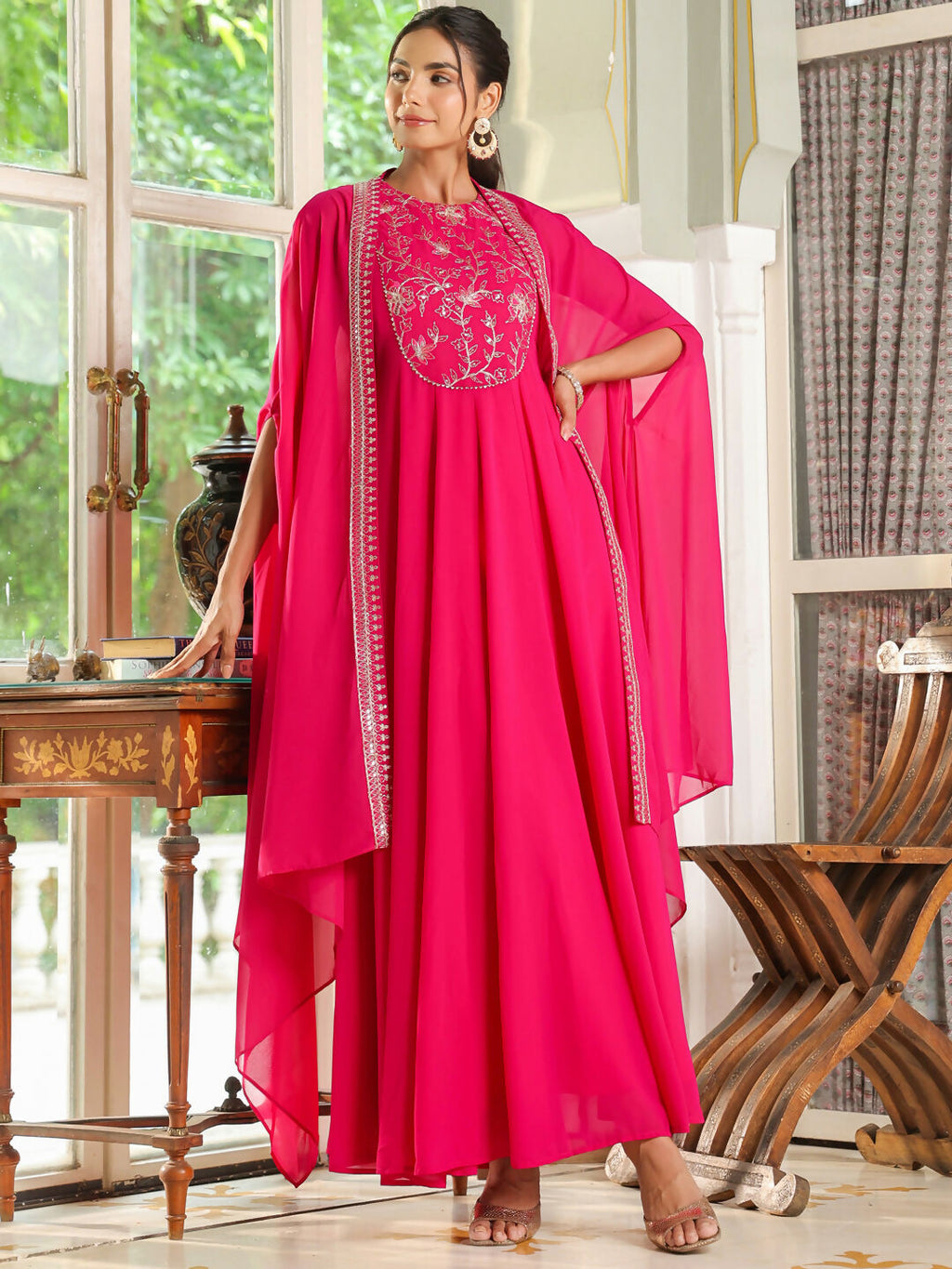 Janasya Pink Georgette Embroidered Dress & Cape | Grocsy