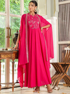 Janasya Pink Georgette Embroidered Dress & Cape | Grocsy